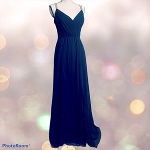 Navy Blue Long Dress with Beaded Straps and Slit